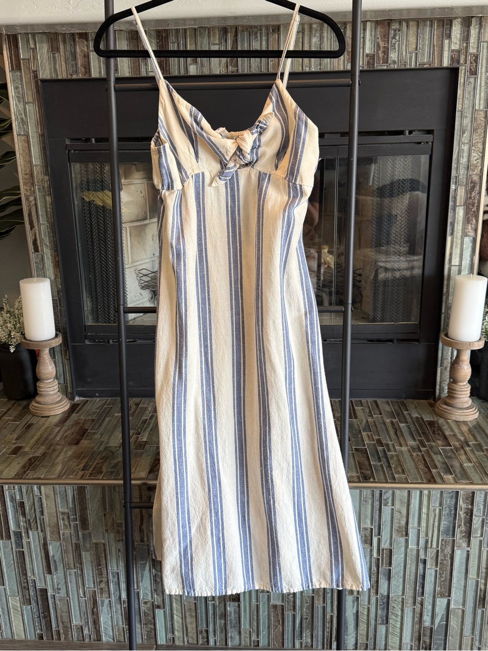 Roxy Blue & Cream Striped Tie-Front Midi Dress